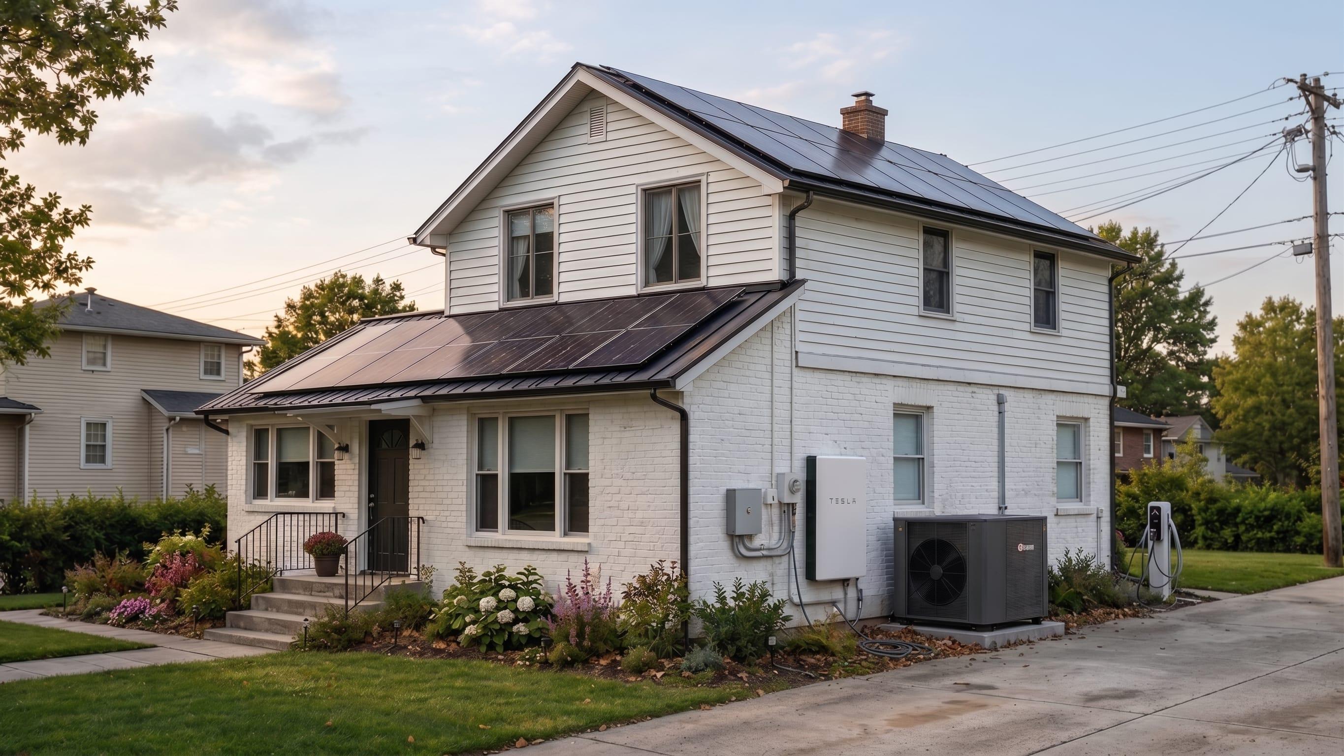 The same home at golden hour with rooftop solar, a heat pump, battery storage, EV charging, and warm lit windows