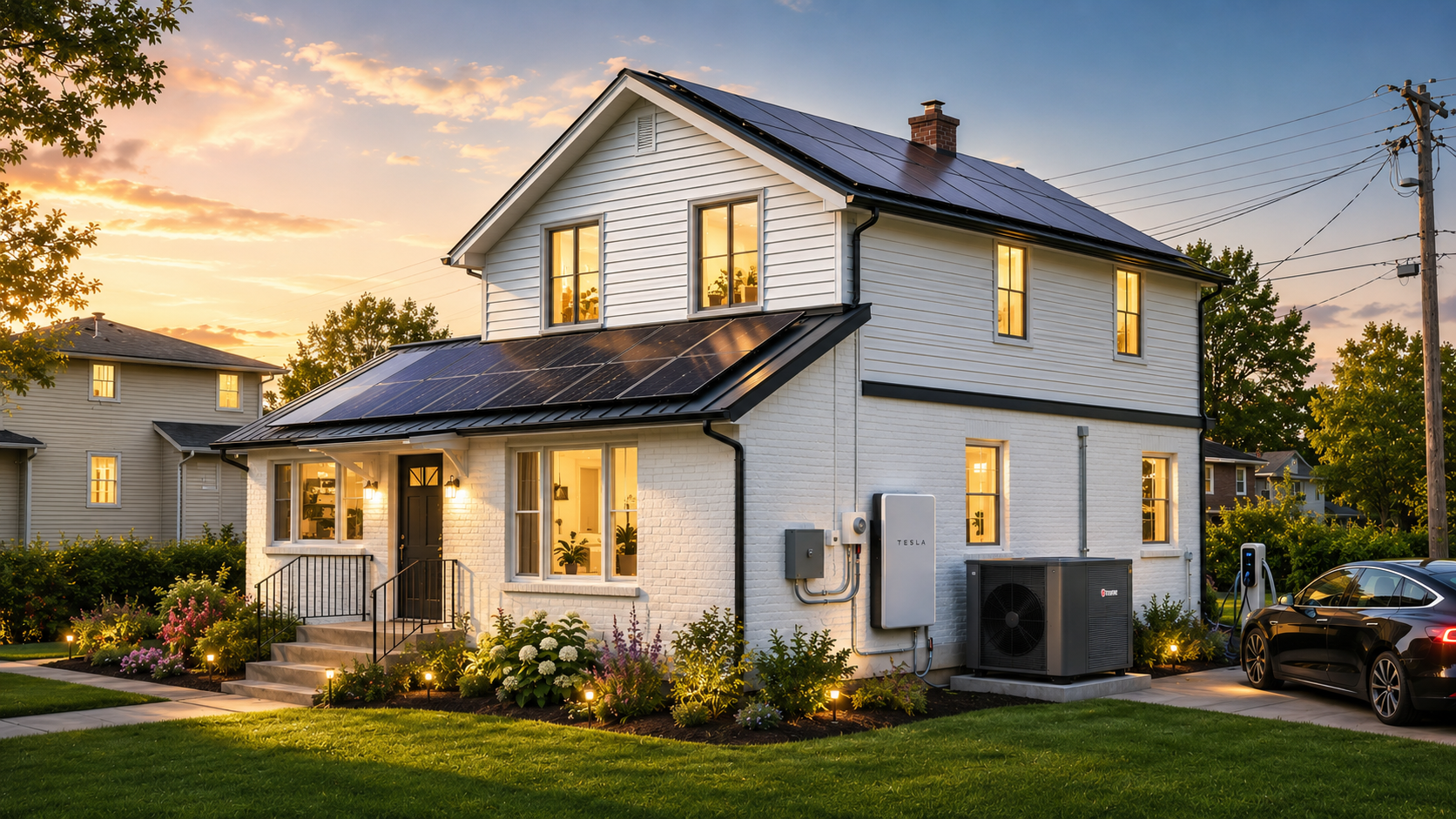 The same home at golden hour with rooftop solar, a heat pump, battery storage, EV charging, and warm lit windows