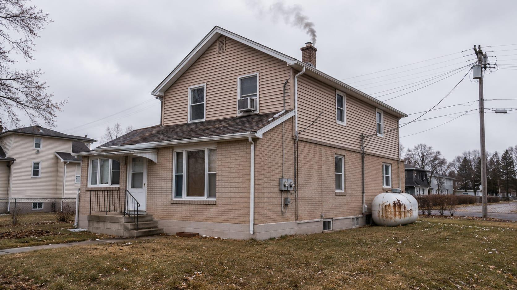 An ordinary house exterior in flat winter daylight, smoke rising from the chimney, fully dependent on the grid
