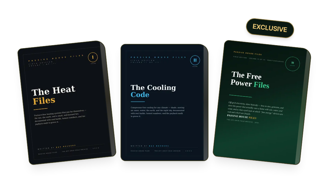 The three Complete Passive House Vault volumes fanned out: The Heat Files, The Cooling Code, and The Free Power Files